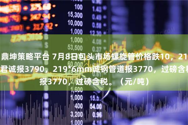 鼎坤策略平台 7月8日包头市场螺旋管价格跌10，219*6mm包头君诚报3790，219*6mm诚钢管道报3770，过磅含税。（元/吨）