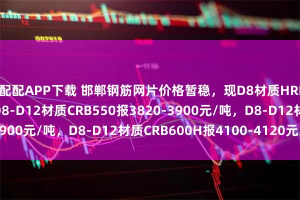 优配配APP下载 邯郸钢筋网片价格暂稳，现D8材质HRB400报3930元/吨，D8-D12材质CRB550报3820-3900元/吨，D8-D12材质CRB600H报4100-4120元/吨。